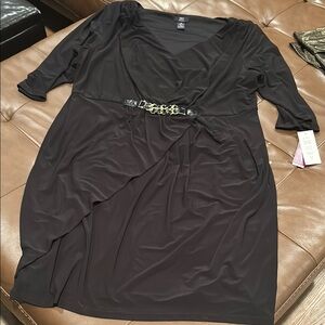 J.B.S. Black Faux-Wrap Midi Dress with Gold Chain Accent